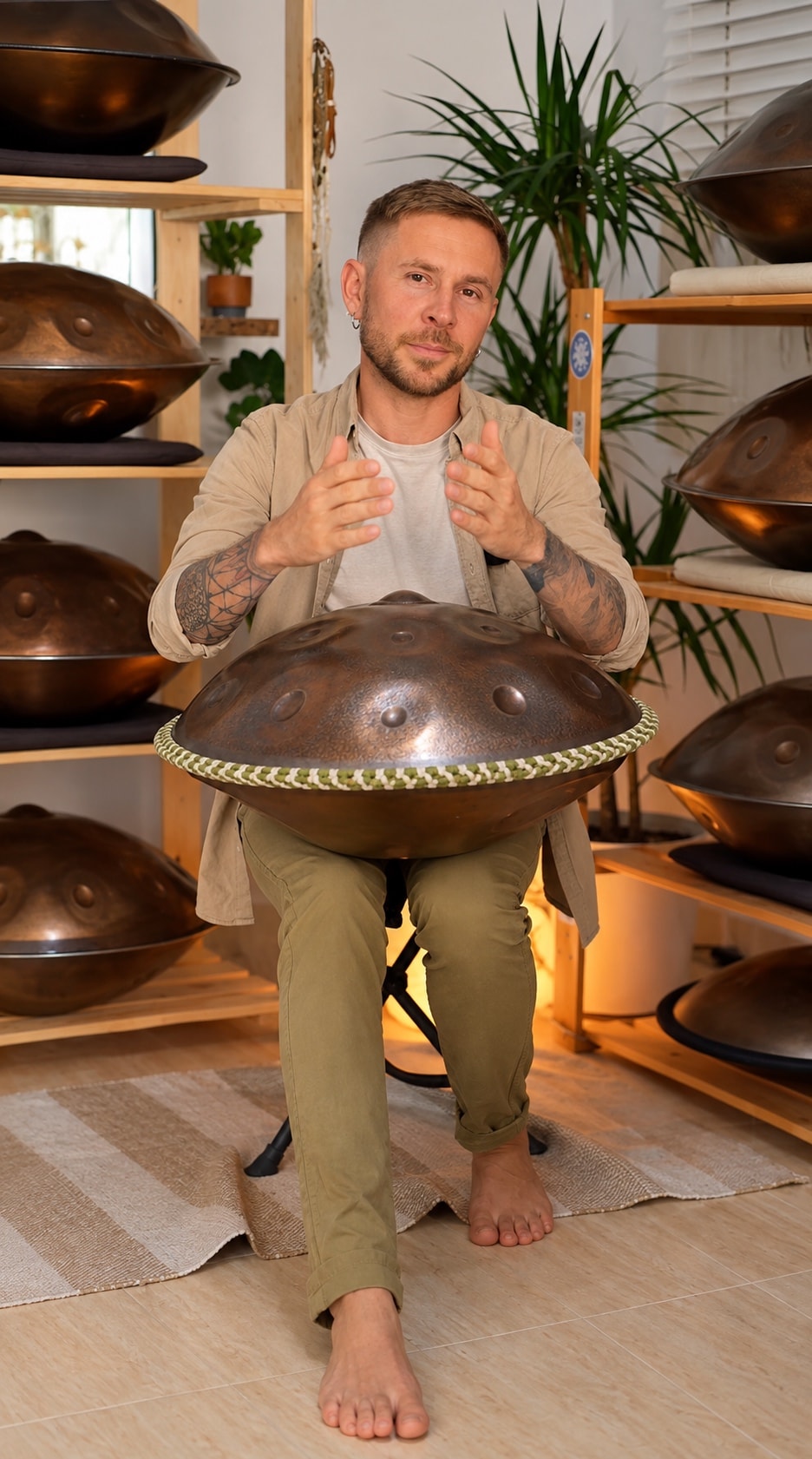 Denis holding a handpan in front of a rack of instruments in the workshop
