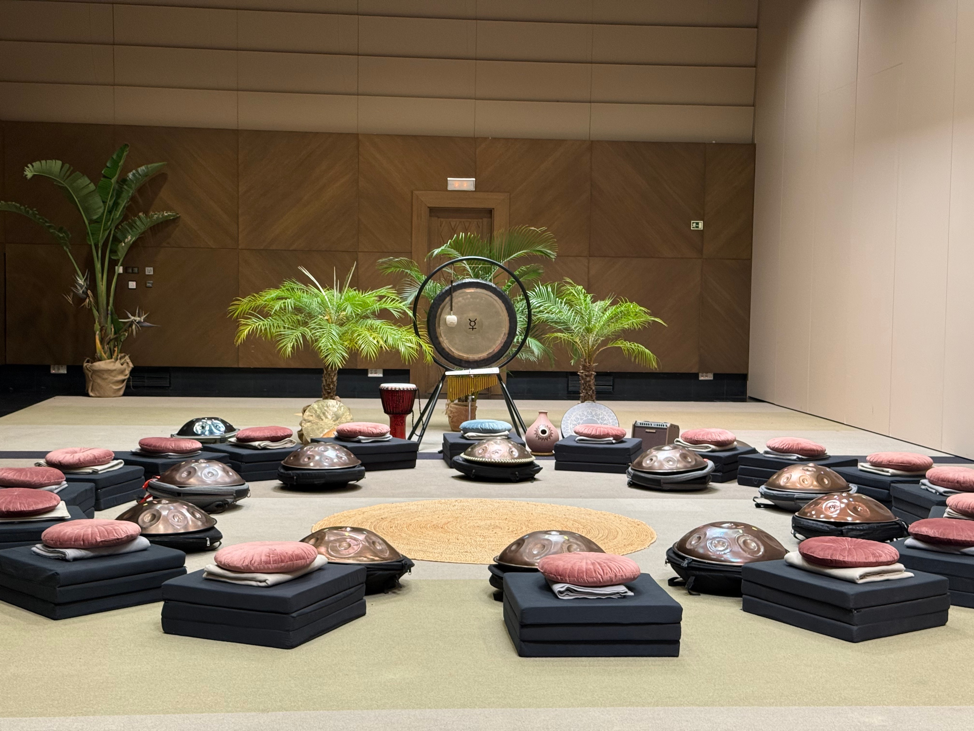 A circle of handpans and cushions set up for a group workshop